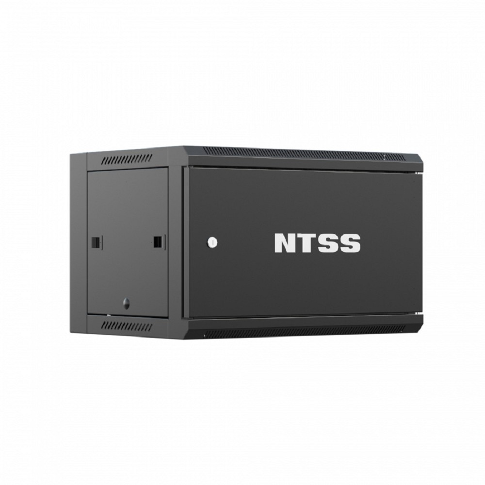 NTSS Шкаф настенный телекоммуникационный NTSS W 9U 600х600х500мм, 2 профиля 19, дверь сплошная металл, боковые стенки съемные, разобранный, черный RAL 9005 NTSS-W9U6060FD-BL