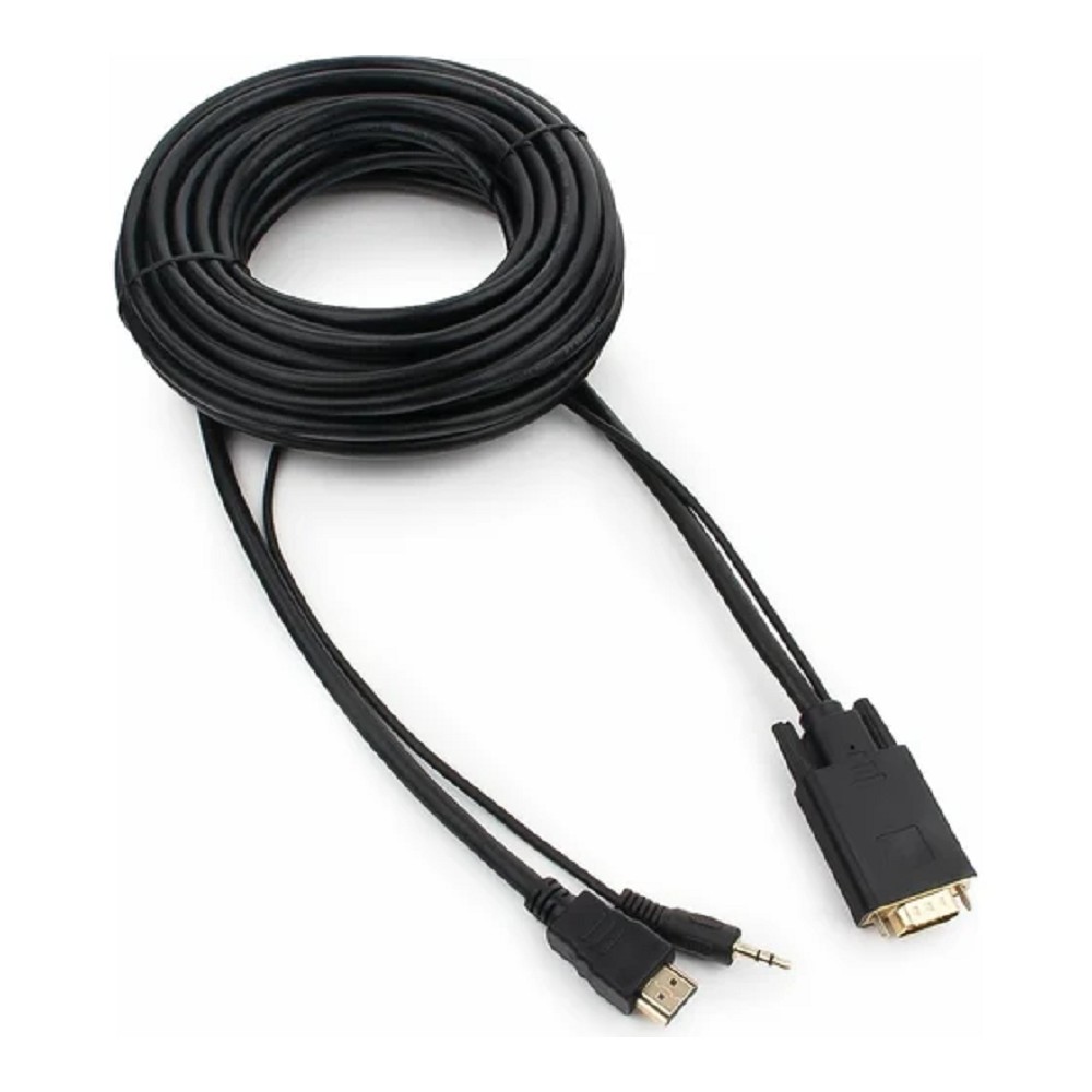 Кабель HDMI->VGA Cablexpert A-HDMI-VGA-03-10M, 19M/15M + 3.5Jack, медь, позол.разъемы, 10м, черный, пакет
