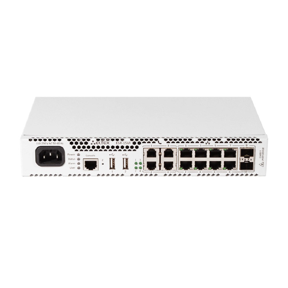 ELTEX ESR-15VF Маршрутизатор 2 порта 1000BASE-X SFP, 8 портов 10/100/1000BASE-T, 1 порт Console RS-232 (RJ-45), 4 порта FXS, 2 порта USB 2.0