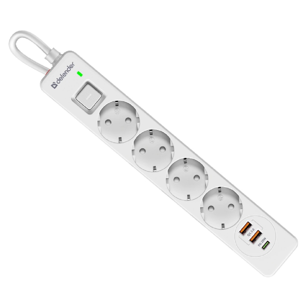 Defender Удлинитель с сетевым фильтром DFS 141 1.5 м,белый,4розетки,USB+TypeC [99433]