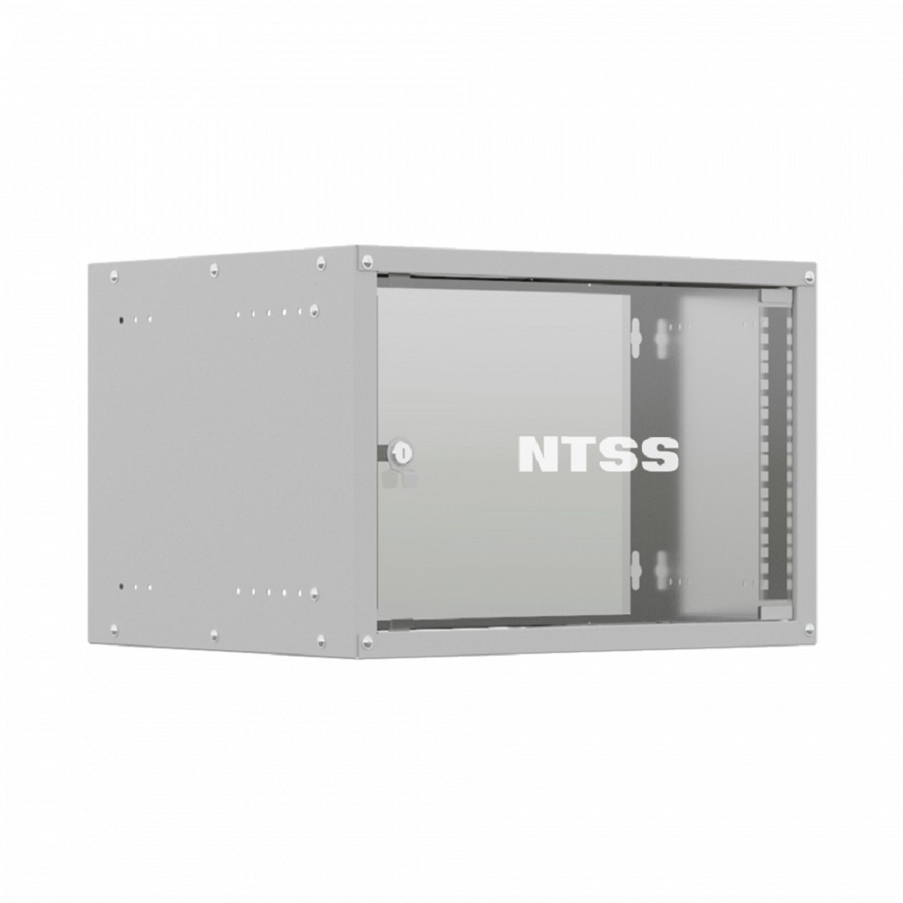 NTSS Шкаф настенный телекоммуникационный NTSS LIME 6U 550х450х370мм, 2 профиля 19, дверь стеклянная, боковые стенки несъемные, разобранный, серый RAL 7035 NTSS-WL6U5545GS (УТ000133113)