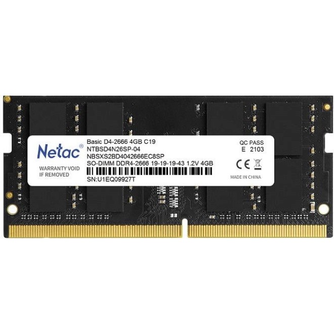 Память SO-DIMM DDR4 4Gb PC21300 2666MHz CL19 Netac 1.2V (NTBSD4N26SP-04)