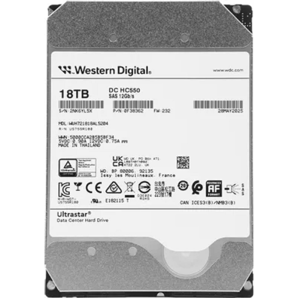 18Tb WD Ultrastar DC HDD Server (3.5in 26.1MM 18000GB 512MB 7200RPM SAS ULTRA 512E SE P3 DC HC550), SKU: 0F38353