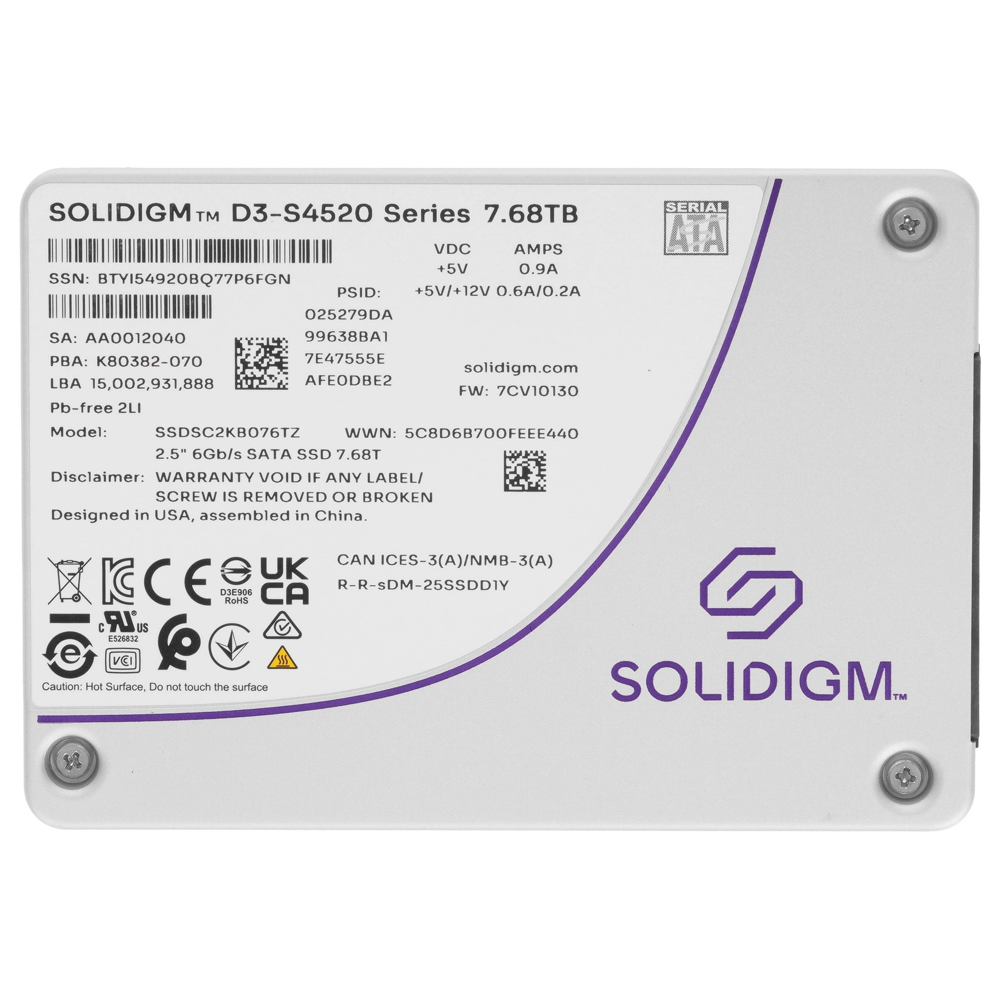  SSD Solidigm/Intel 2.5" 7680GB DC D3-S4520 (SSDSC2KB076TZ01/ SSDSC2KB076TZ1Z) SATA 6Gb/s, 550/510, IOPS 86/30K 36.5PBW, 2.6DWPD