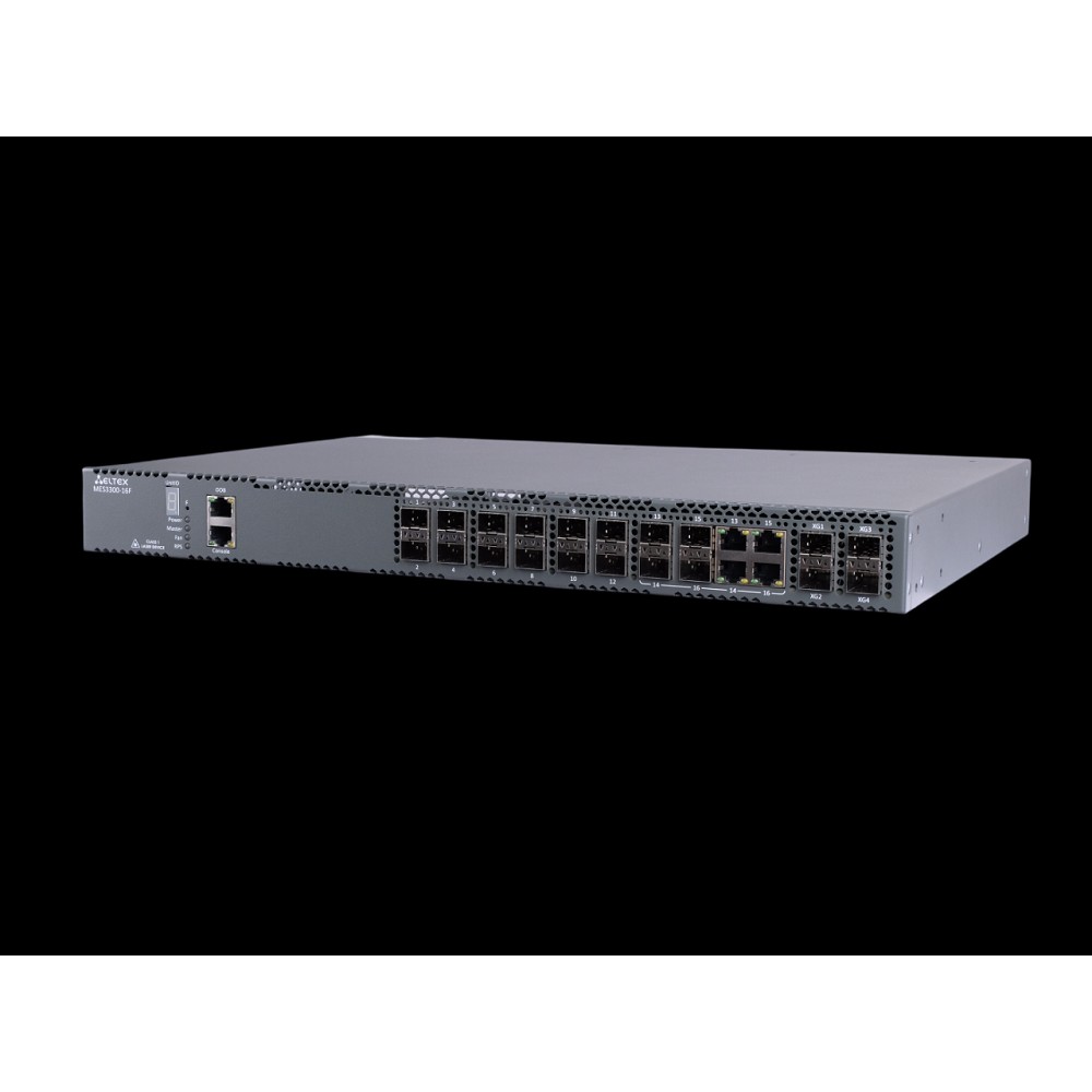 ELTEX MES3300-16F Ethernet-коммутатор MES3300-16F, 12 портов 1000BASE-X/100BASE-FX (SFP) , 4 комбинированных порта 10/100/1000BASE-T/1000BASE-X/100BASE-FX, 4 порта 10GBASE-R (SFP+)/1000BASE-X (SFP)