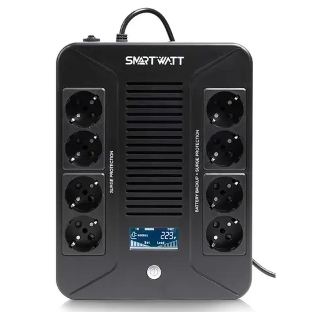 SMARTWATT UPS SAFE PRO LCD 1000 {линейно-интерактивный, 1000/600 ВА/Вт, напольный/настенный, LCD дисплей, Shuko CEE7/4 - 8 шт. (4 шт. с резервным питанием, 4 шт. - сетевой фильтр}