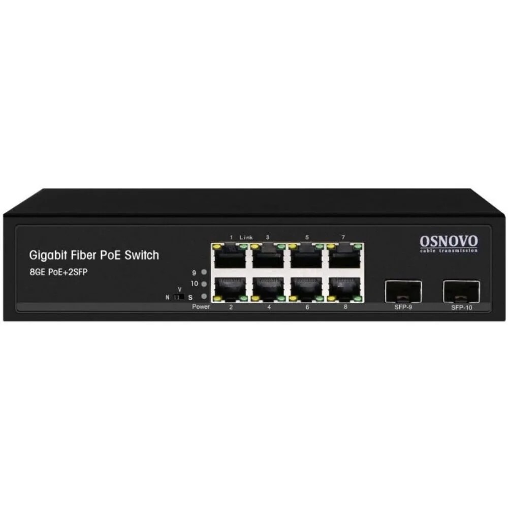 Коммутатор/ OSNOVO Гигабитный PoE коммутатор на 10 портов, 8 *10/100/1000 Base-T PoE, 2*SFP 1000 Base-T, PoE на порт до 30W, суммарно до 150W