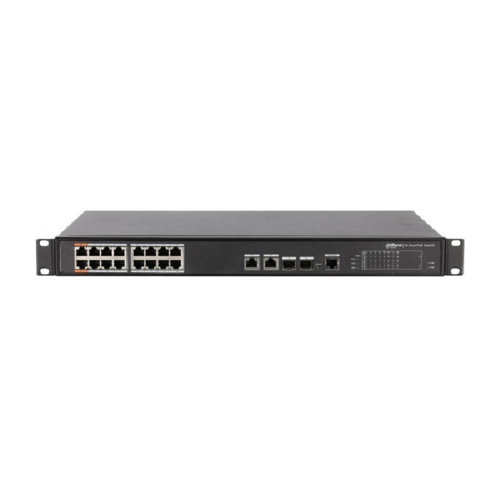 DAHUA DH-PFS4218-16ET-190 16-портовый управляемый коммутатор с РоЕ, уровень L2, 16xRJ45 100Mb PoE, 2хКомбо SFP/RJ45 1Gb uplink, суммарно 190Вт, коммутация 8.8 Гбит/с, MAC-таблица 4К