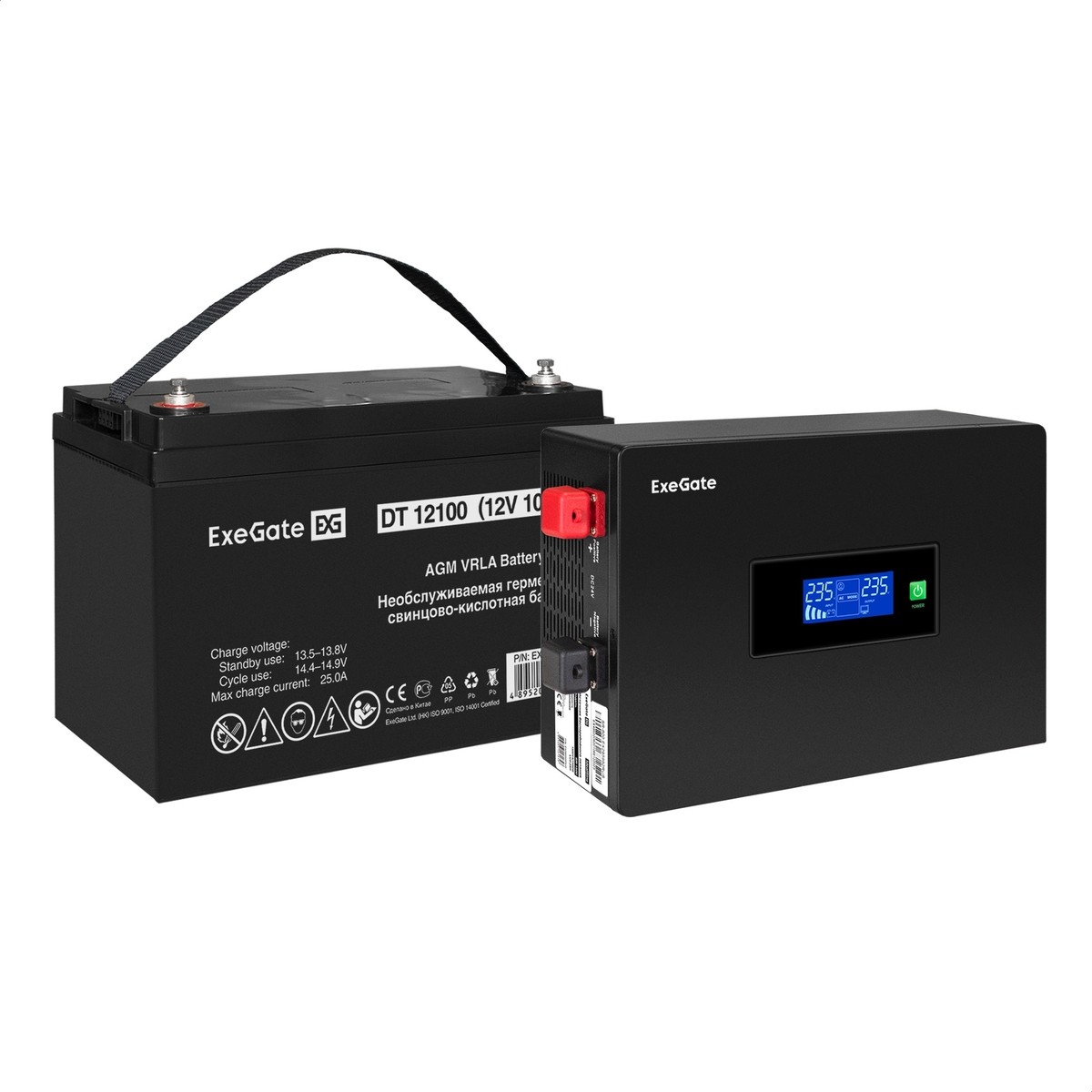 Exegate EX297395RUS Комплект ИБП ExeGate IdealSine SR-600.LCD.2SH + Батарея 100 Ач, 1 шт. (ИБП <EX295992RUS: 600VA/600W, чистая синусоида, цветной LCD-дисплей, 2*Schuko, крепление настенное> + АКБ 