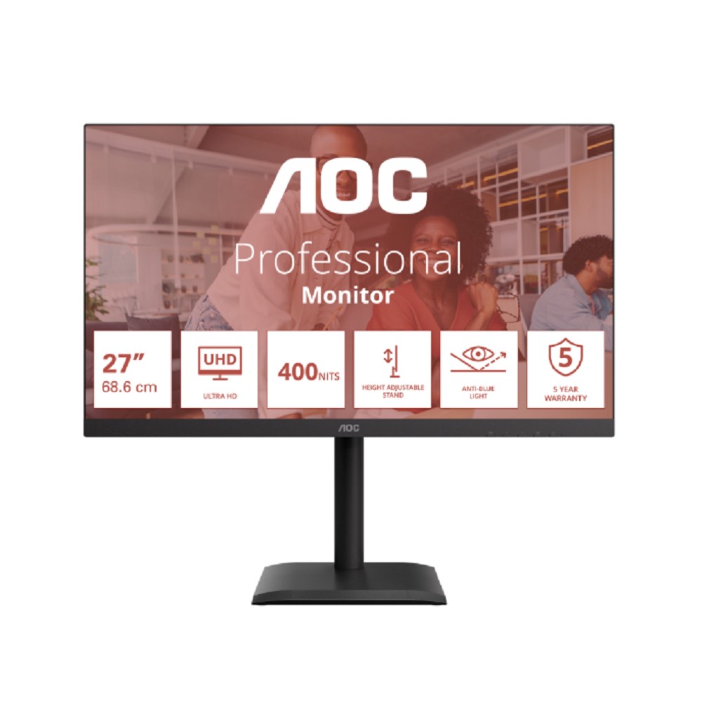 LCD AOC 27" U27E4CV {IPS 3840x2160 60Hz 4ms 400cd 2xHDMI DisplayPort DP(Out) 4xUSB 3.2 USB-C(90W) RJ-45 2x2W HAS Internal VESA}
