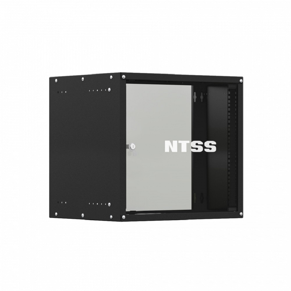 NTSS Шкаф настенный телекоммуникационный NTSS LIME 12U 550х600х635мм, 2 профиля 19, дверь стеклянная, боковые стенки несъемные, разобранный, черный RAL 9005 NTSS-WL12U5560GS-BL
