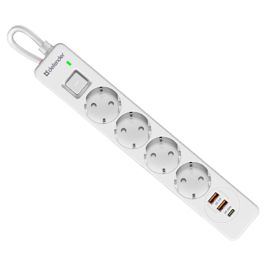 Defender Удлинитель с сетевым фильтром DFS 143 3 м,белый,4розетки,USB+TypeC [99434]