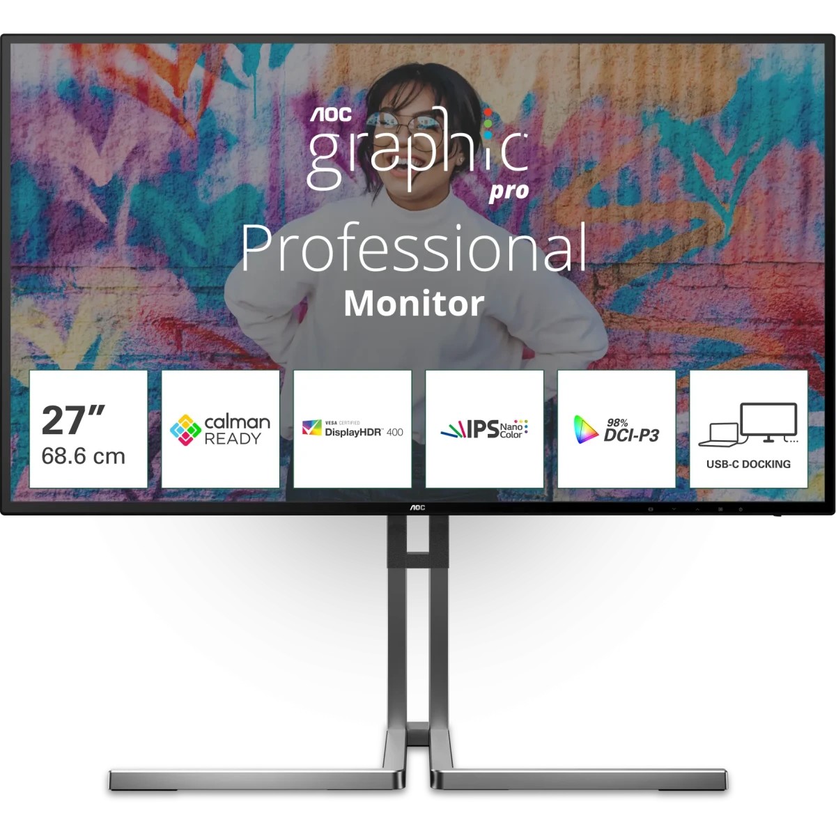 LCD AOC 27" U27U3CV {IPS 3840x2160 60Hz 178/178 HDMI2.0 DisplayPort1.2 USB USB-C RJ45 HAS Pivot VESA}