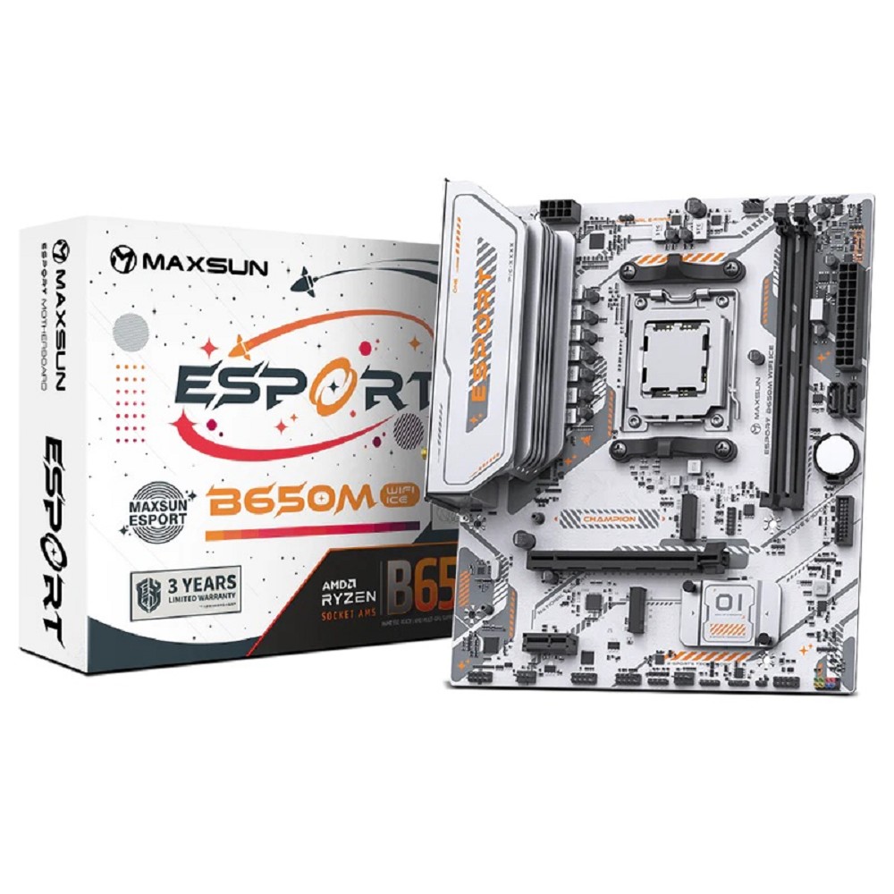 MAXSUN MS-eSport B650M WIFI6 ICE (Socket AM5, mATX, 2*DDR5(96Gb), DP/HDMI, 2*SATA3, 2*M.2, 1*PCIEx16/1*PCIEx1, 2*USB 2.0, 4*USB 3.2, LAN 1*1G,  Bluetooth,  Wi-Fi 802.11ax, RTL)