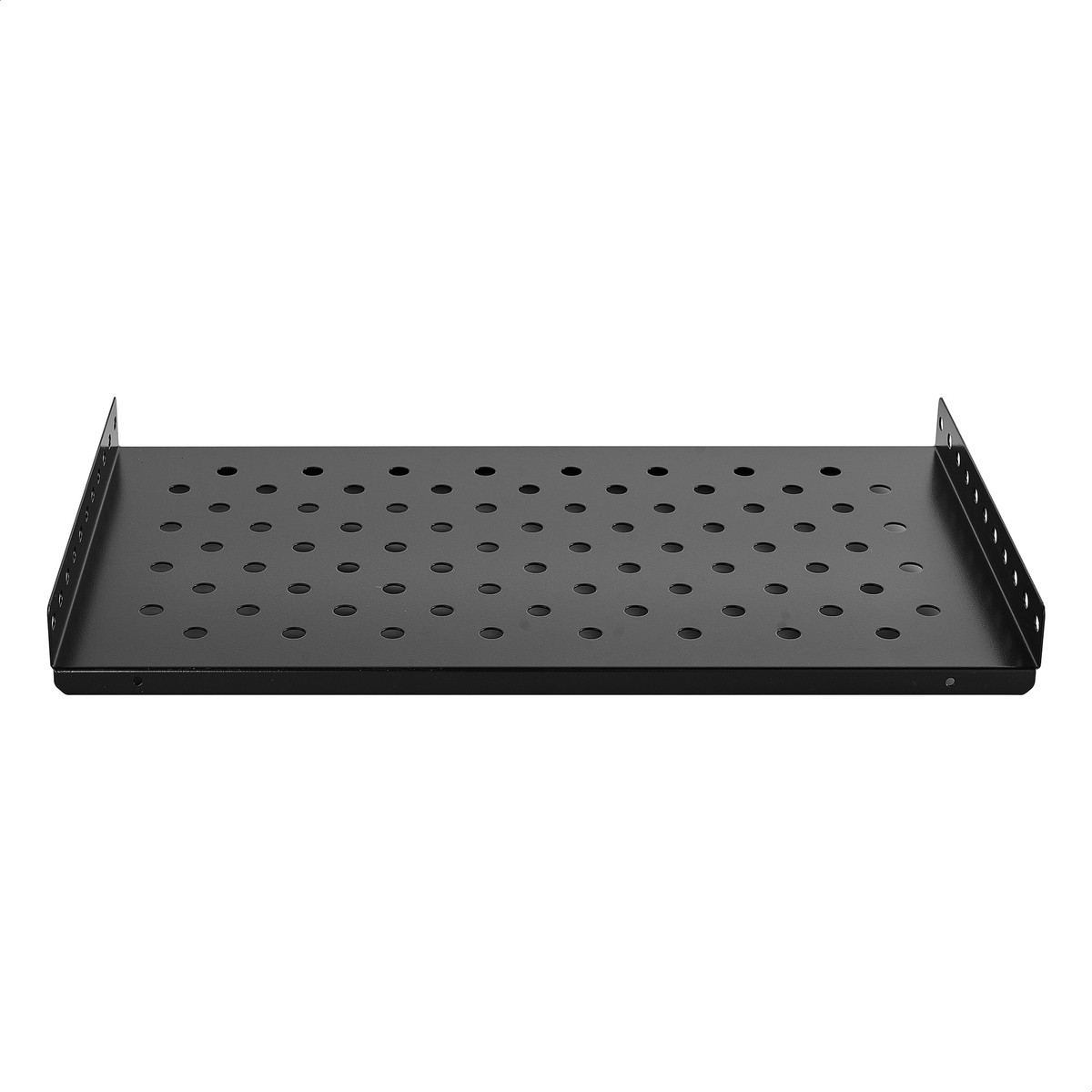 Exegate EX300301RUS Полка стационарная 19" ExeGate ECSF-WM600-B (перфорированная, глубина 300мм, крепление 19" 1U, для настенных шкафов глубиной до 600мм, нагрузка до 50кг, цвет черный RAL 9004)