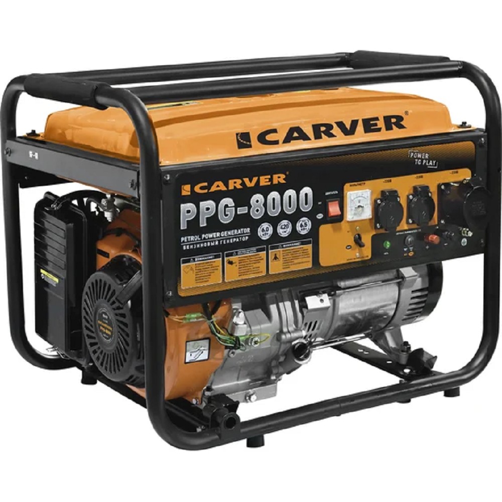 Генератор CARVER PPG- 8000 бензин [01.020.00020] { (LT-190F, 6,0/6,5кВт, 220В, бак 25л, обмотка медь)(6шт/пал) }