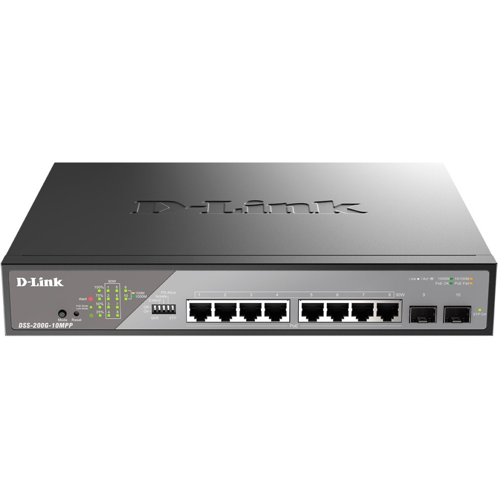 D-Link DSS-200G-10MPP/A1A Настраиваемый L2 коммутатор с 8 портами 10/100/1000Base-T и 2 портами 1000Base-X SFP (8 портов PoE 802.3af/at/bt, PoE-бюджет 242 Вт, дальность до 250 м)