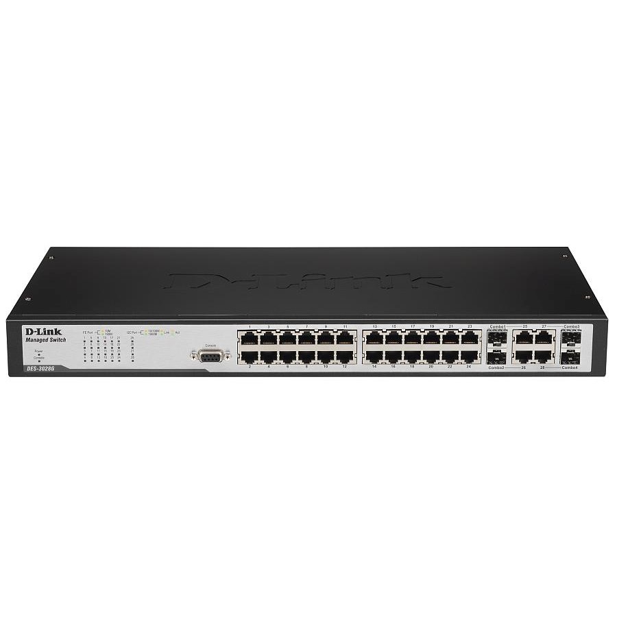 D-Link DES-3028G_RFB/A1 Восстановленный в производственных условиях управляемый коммутатор 2 уровня с 24 портами 10/100Base-TX и 4 комбо-портами 10/100/1000BASE-T/SFP. 