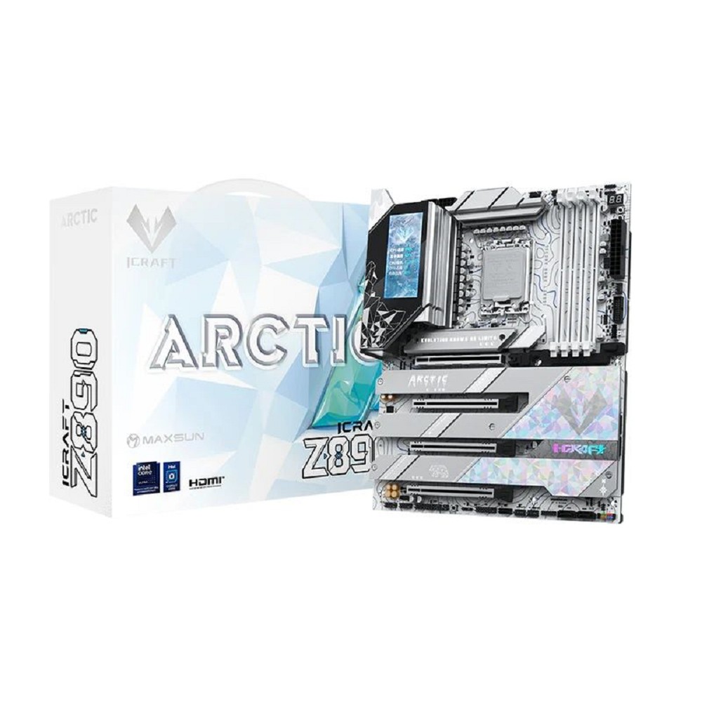 MAXSUN MS-iCraft Z890 ARCTIC (Socket 1851, ATX, 4*DDR5(256Gb), DP/HDMI, 4*SATA3, 4*M.2, 4xPCI-Ex16, 2*Type-C, 9*USB 3.1, LAN 1*5G, BT 5.4, Wi-Fi 7, SPDIF, white, RTL)