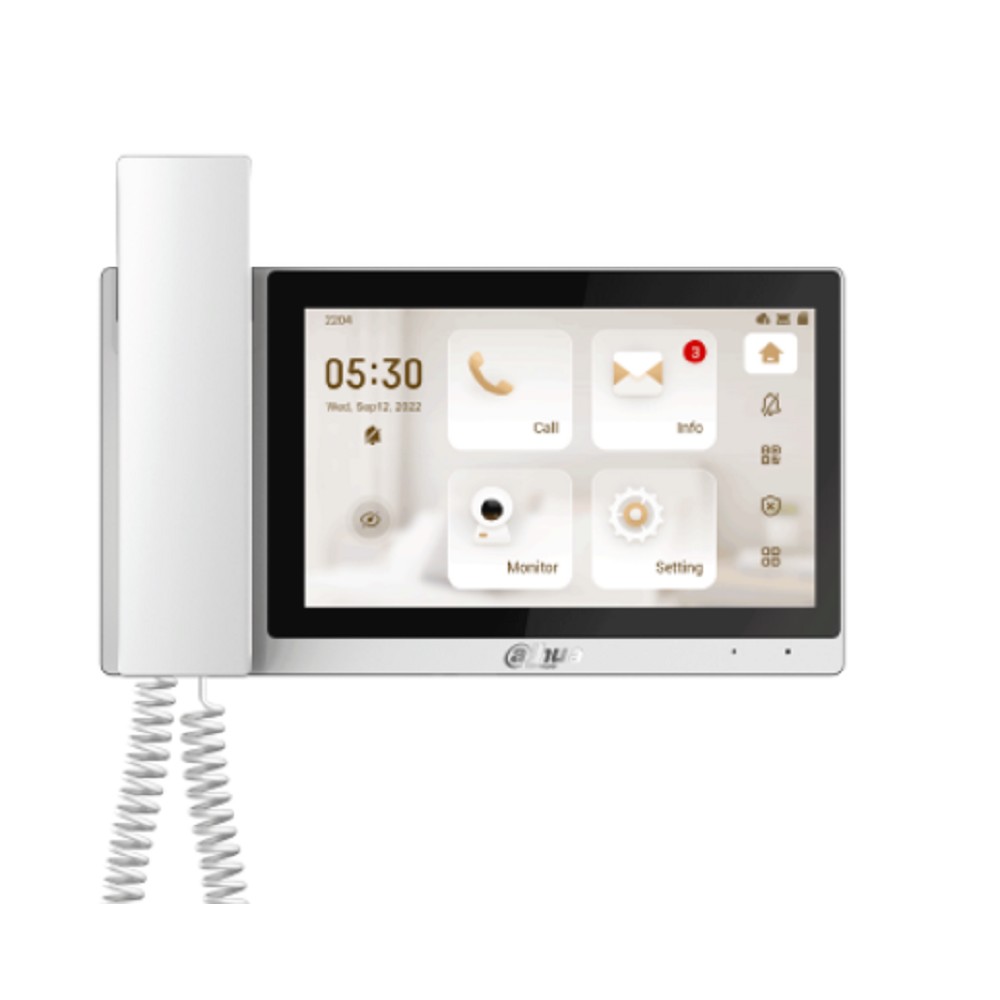 DAHUA DHI-VTH5421EW-H Монитор видеодомофона IP 7-и дюймовый, с трубкой, белый, ёмкостной сенсорный экран, поддержка micro-SD до 32Гб, питание DC 12В/PoE