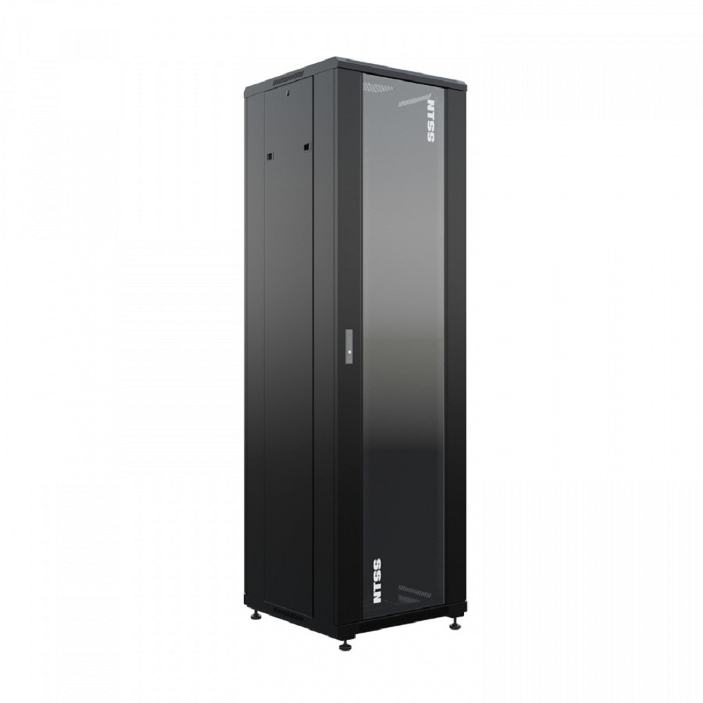 NTSS Шкаф напольный универсальный серверный NTSS R 32U 600х600мм, 4 профиля 19, двери стекло и сплошная металл, боковые стенки съемные, регулируемые опоры, разобранный, черный RAL 9005 NTSS-R32U6060GS