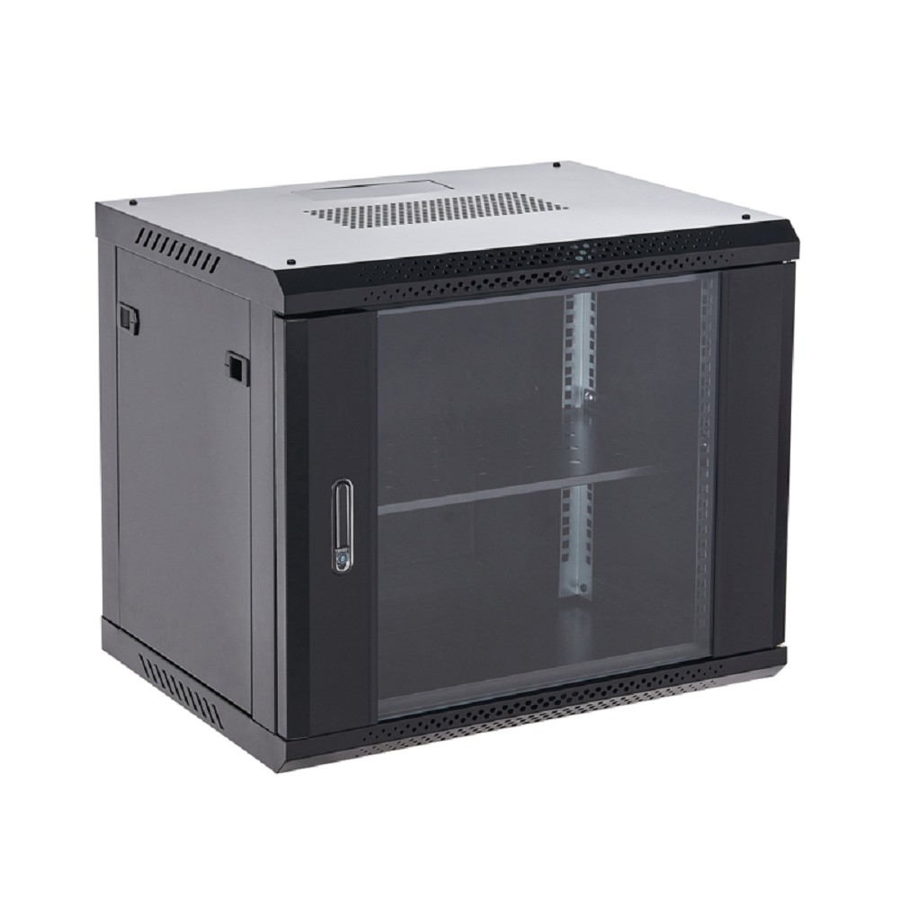 Rexant (04-0964-112) Настенный шкаф 19" 9U 600х450х501 (ШхГхВ), дверь стекло, металлическая задняя стенка, боковые съемные стенки, RAL 9005