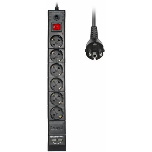 BURO Сетевой фильтр, 6 розеток, 1.8 метров (BURO BU-SP1.8_USB_2A-B), черный (коробка) {992310}