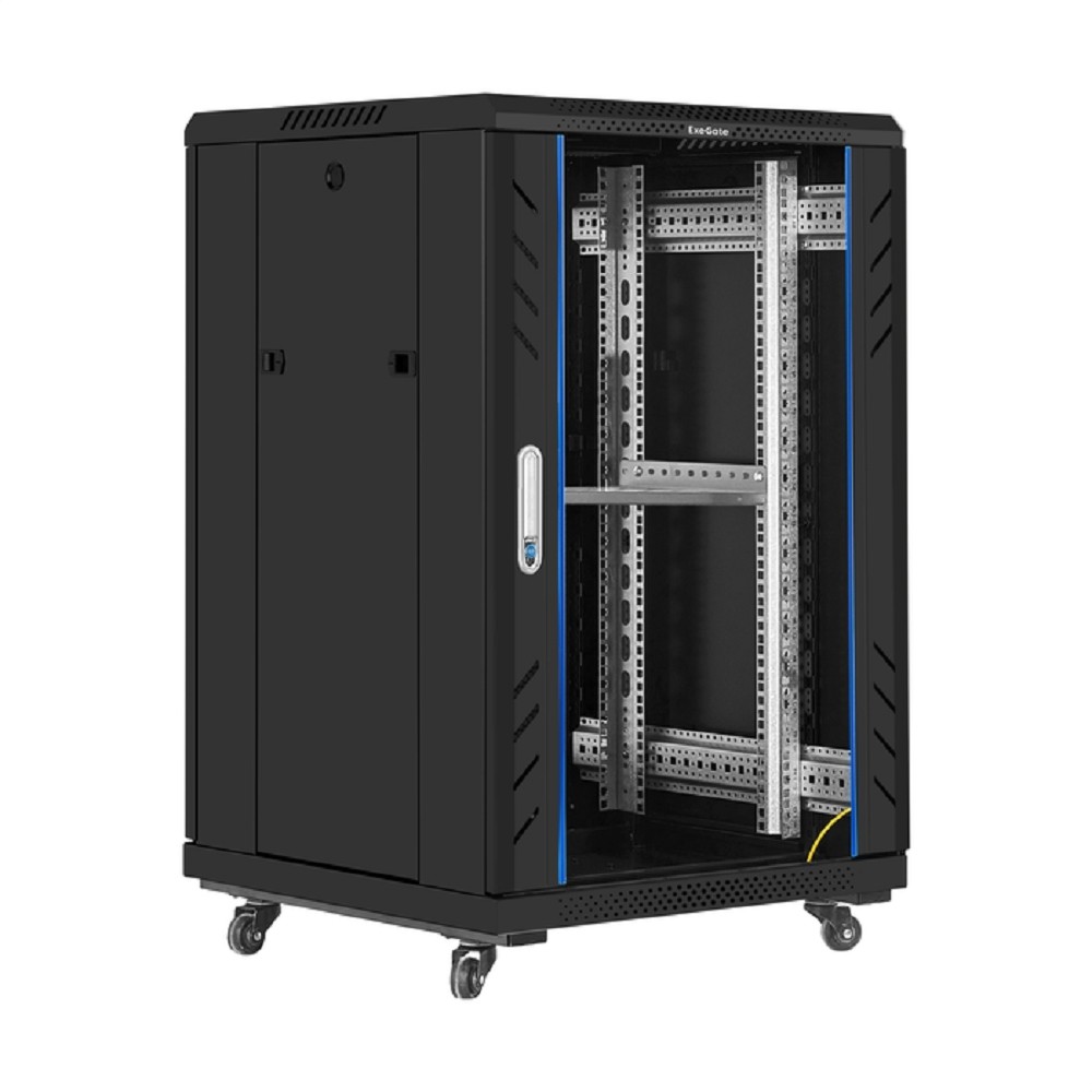 Exegate EX301398RUS Шкаф телекоммуникационный 19" напольный 18U ExeGate EC-FS-18U.600.600.G.BLACK (19”, 18U, 600x600x987mm (ШхГхВ), передняя дверь закаленное стекло, задняя перфорированная дверь, съем