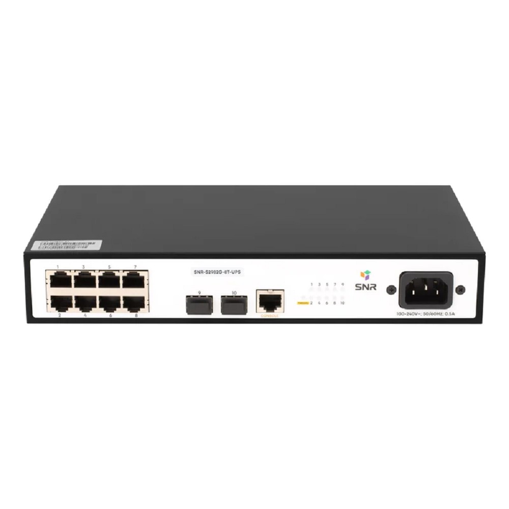 SNR SNR-S2982G-8T-UPS Управляемый гигабитный коммутатор уровня 2, 8 портов 10/100/1000Base-T, 2 порта 100/1000Base-X (SFP), встроенный БП ~220В AC, разъем для АКБ 12V с возможностью заряда