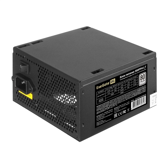 Exegate EX292155RUS Блок питания 900W ExeGate 80 PLUS® 900PPH-LT (ATX, APFC, КПД 82% (80 PLUS), 12cm fan, 24pin, 2x(4+4)pin, PCIe, 5xSATA, 3xIDE, black, Color Box)