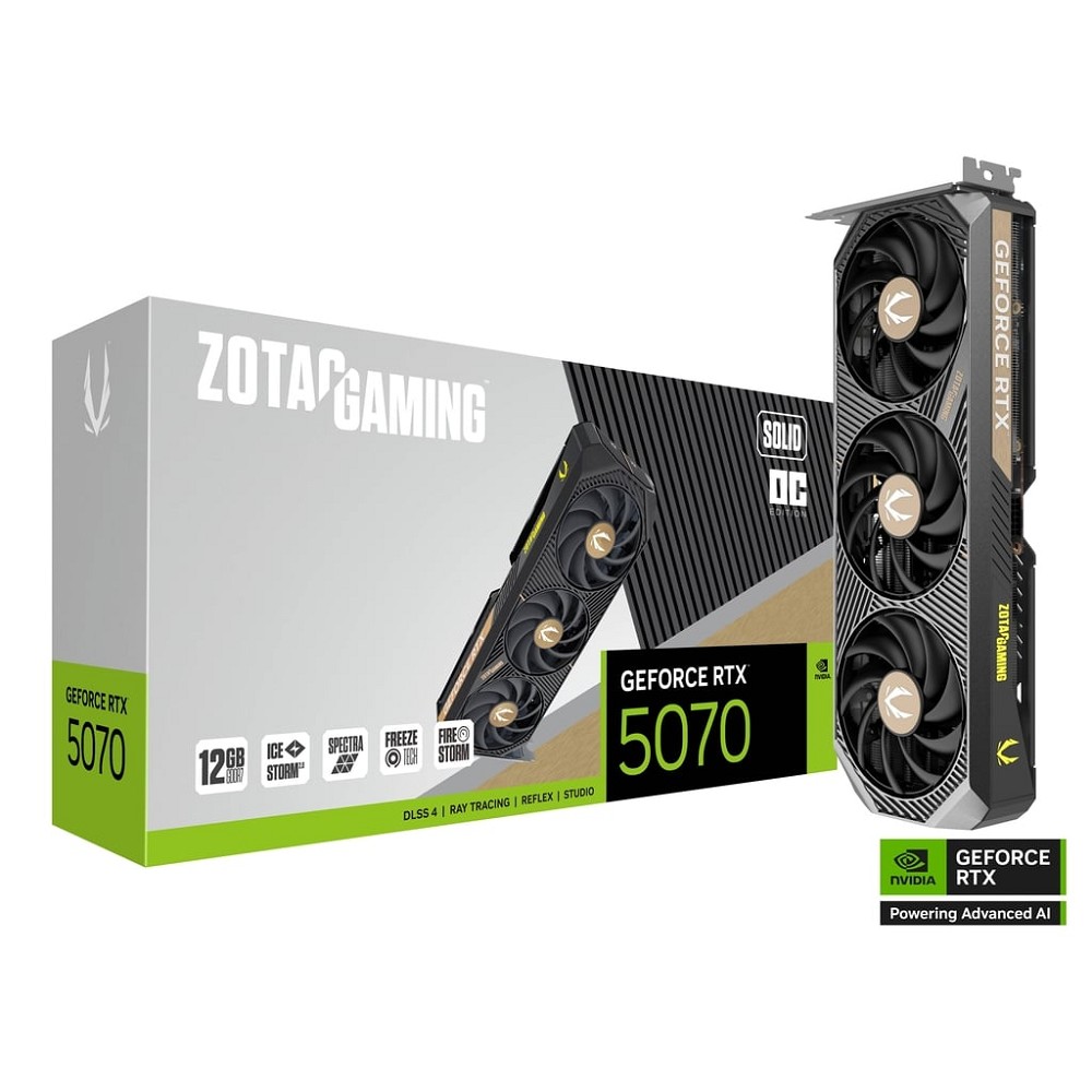 Видеокарта ZOTAC GAMING GeForce RTX 5070 SOLID OC 12Gb DDR7 192 bit  2165/2542 MHz  3*DP/HDMI  3*FAN(ZT-B50700J-10P) RTL