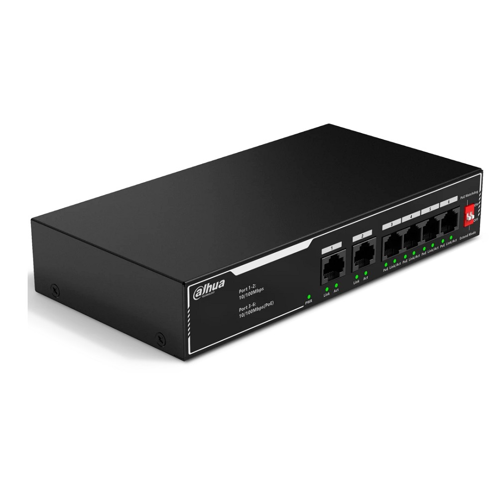 DAHUA DH-SF1006LP 6-портовый неуправляемый коммутатор с РоЕ, 4xRJ45 100Mb PoE, 2xRJ45 100Mb uplink, суммарно 36Вт, коммутация 1.2 Гбит/с, MAC-таблица 2K, металл