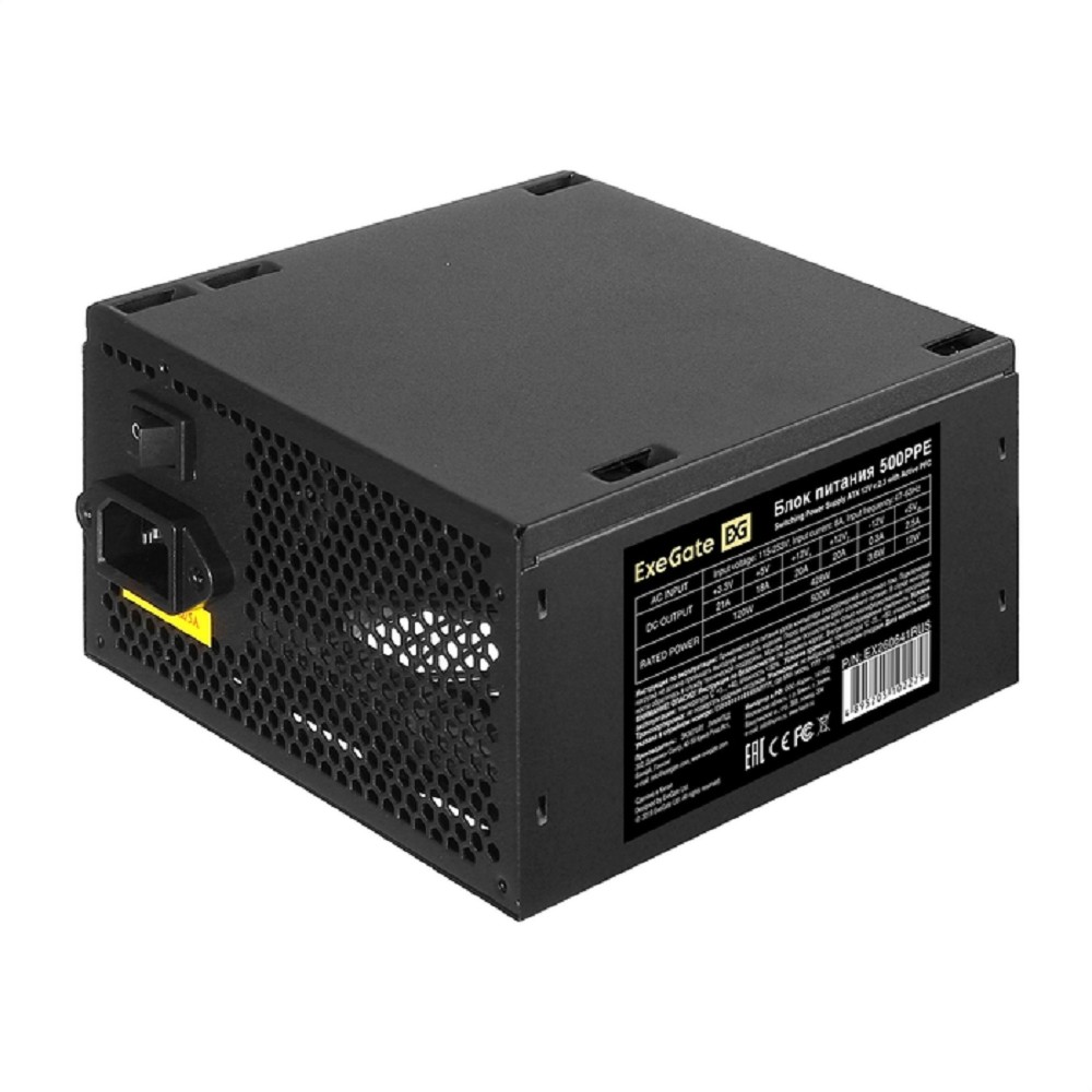 EXEGATE EX260641RUS-PC Блок питания 500W ExeGate 500PPE (ATX, APFC, PC, КПД 80% (80 PLUS), 12cm fan, 24pin, 2x(4+4)pin, 2xPCI-E, 5xSATA, 3xIDE, black, кабель 220V в комплекте)