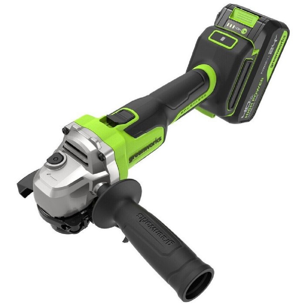 Greenworks Углошлифовальная машина аккумуляторная AG590, 24V, б/щет, 125 мм, 8500 об/мин, Anti-Kickback,1х4Ач,ЗУ,кор [3201007CUB]