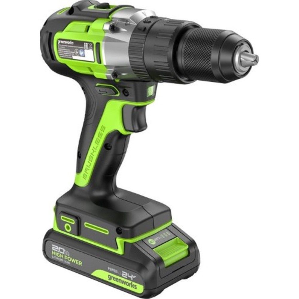 Greenworks GD24DD60 Дрель-шуруповерт ударная аккумуляторная, 24V, бесщеточная, 30/60Нм,2х2Ач,ЗУ,кор [3704107CUC]