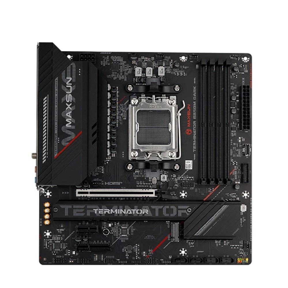 MAXSUN MS-Terminator B850M DARK WIFI (Socket AM5, mATX, 4*DDR5(192Gb), DP/HDMI, 2*SATA3, 3*M.2, 1*PCIEx16/1*PCIEx4, 1* Type-C, 4*USB 2.0, 4*USB 3.2, LAN 1*2.5G, SPDIF, WiFi6E,  RTL)