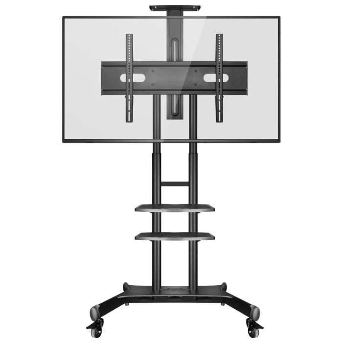 Мобильная стойка ONKRON TS1881 BLACK на 1 ТВ/ 55-80" от 200х200 до 800х500, макс нагр 90,9кг, 2 полки, высота 1050-1650мм, черный