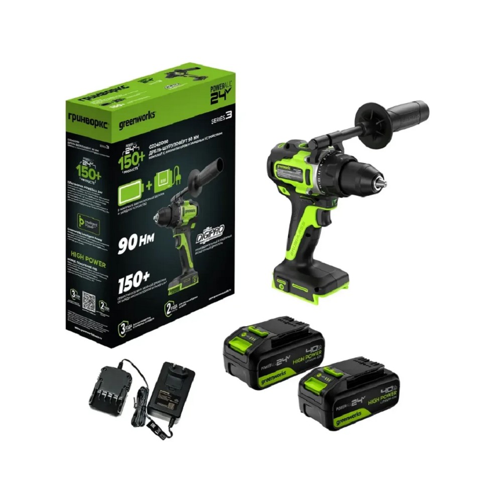 Greenworks GD24DD90 Дрель-шуруповерт аккумуляторная,  24V, 90 Нм, бесщеточная, 45/90Нм,2х4Ач,ЗУ,кор [3707507CUD]