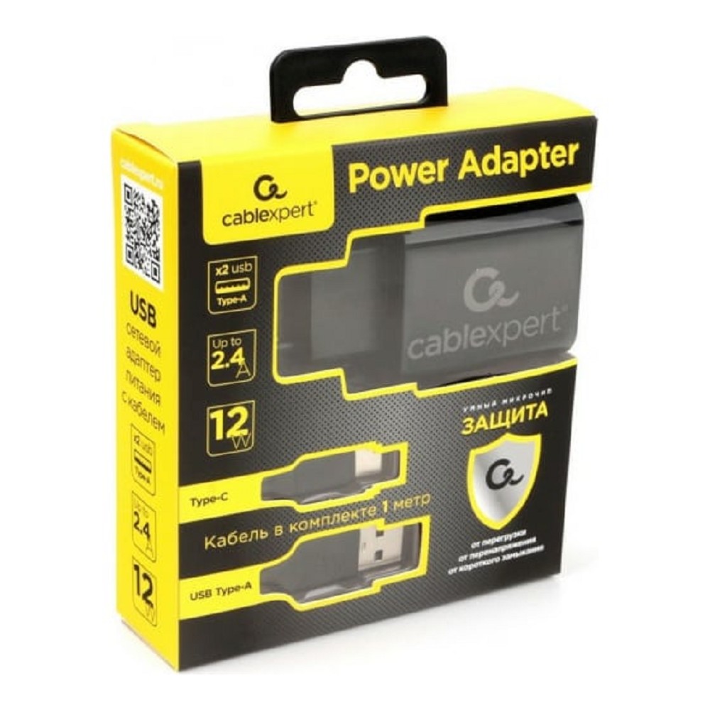Cablexpert Адаптер питания USB 2 порта, 2.4A, черный + кабель 1м Type-C (MP3A-PC-37)