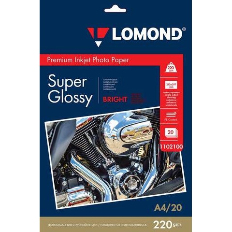 Фотобумага ПРЕМИУМ для стр.печати LOMOND А4, 220 г/м2 односторонняя Bright Super Glossy 20л