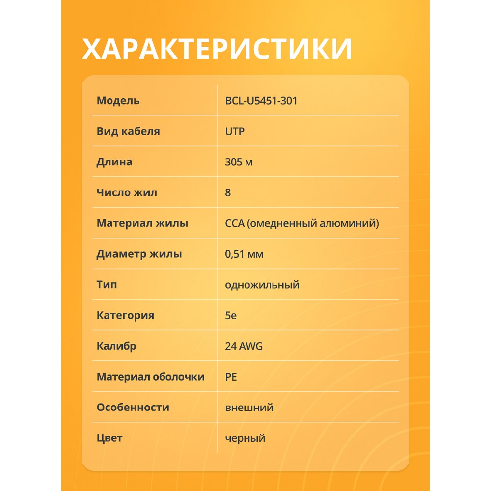Повреждение упаковки Кабель витая пара Bion BCL-U5451-301 U/UTP, кат.5e, 4x2x0,51мм AWG24, CCA, одножильный, PE, для внешней прокладки, 305м, черный