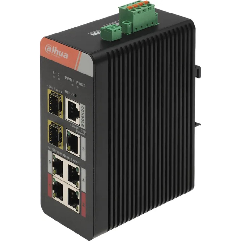 DAHUA DH-IS4207-4GT-120 7-портовый гигабитный управляемый коммутатор с PoE, промышленное исполнение, 5xRJ45 1Gb, 2xSFP 1Gb, суммарно до 120Вт, коммутация 14 Гбит/с, MAC-таблица 8К