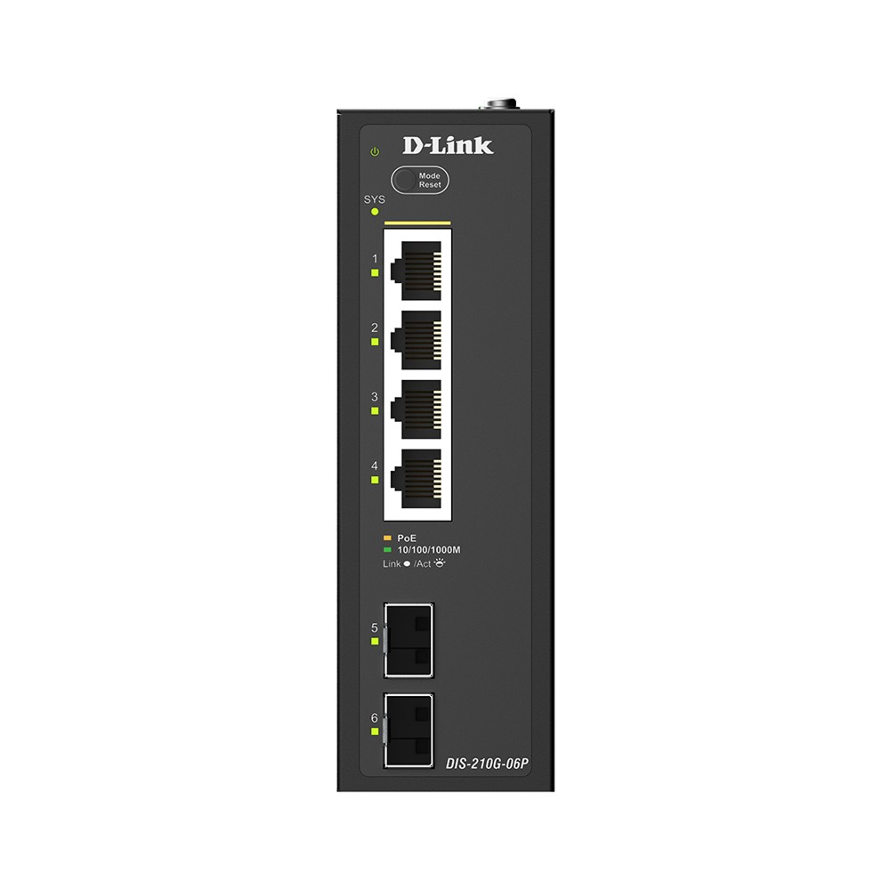 D-Link DIS-210G-06P/A1A Промышленный управляемый L2 коммутатор с 4 портами 10/100/1000Base-T и 2 портами 1000Base-X SFP (4 порта PoE 802.3af/at, PoE-бюджет 120 Вт)
