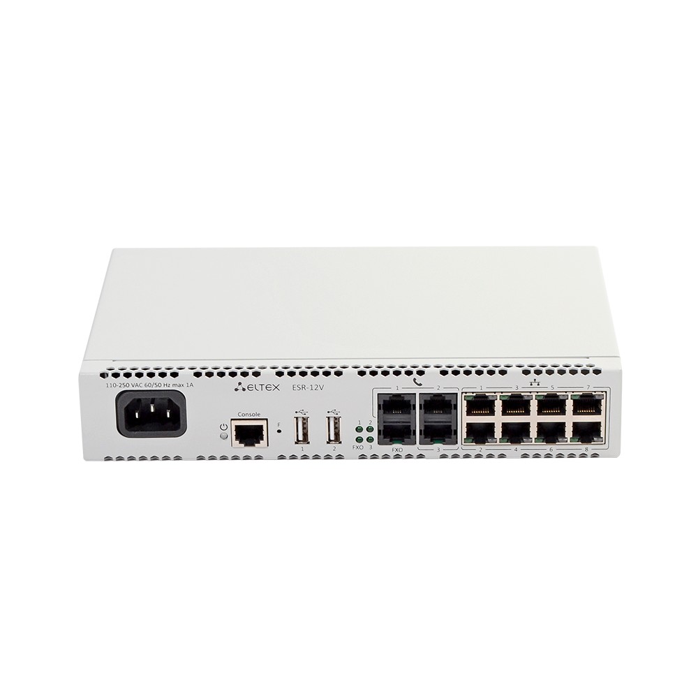 ELTEX ESR-12V Сервисный маршрутизатор 8х Ethernet 10/100/1000 Base-T, 1х RS-232 (RJ-45), 2х USB2.0, 3x FXS, 1x FXO, 2 GB RAM, 220V AC