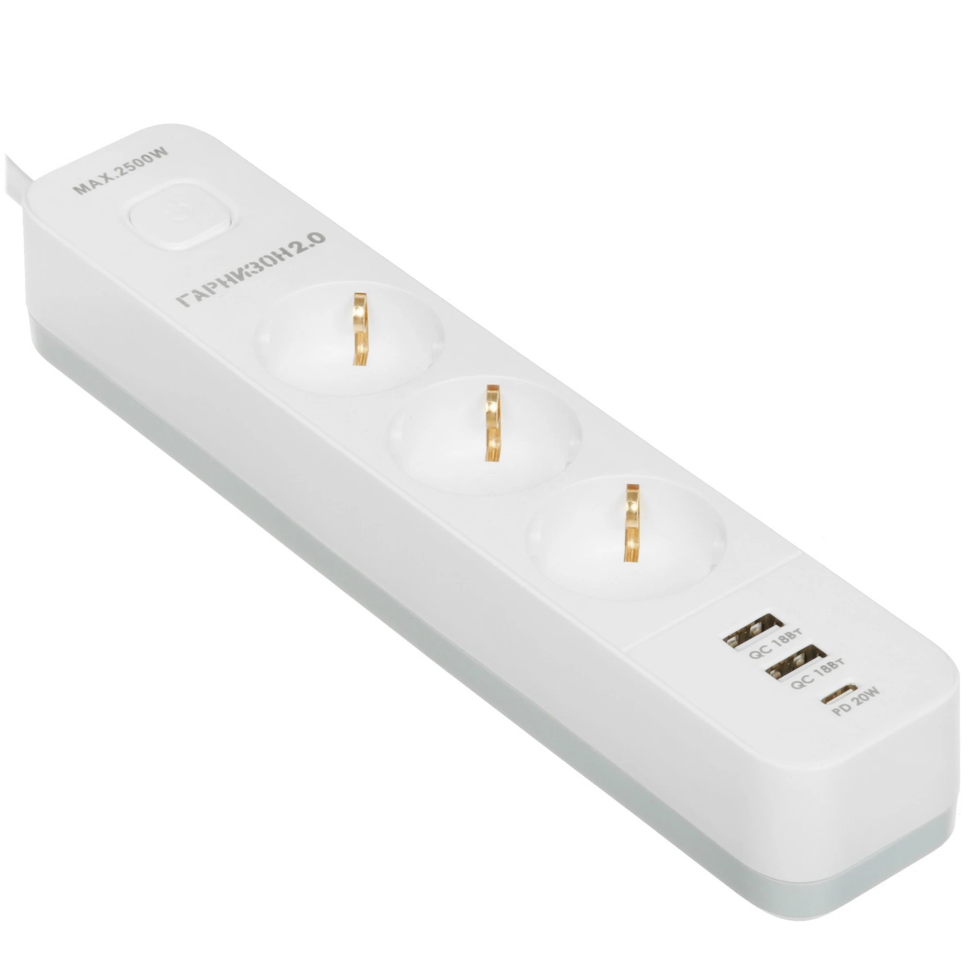 Гарнизон Сетевой фильтр EPS-3-CU2-W-2 2.0 Мультипорт 3р, 10А, 1xType-C PD, 2 х USB QC, 2м, ур.защиты 2+, белый, пак (21448)