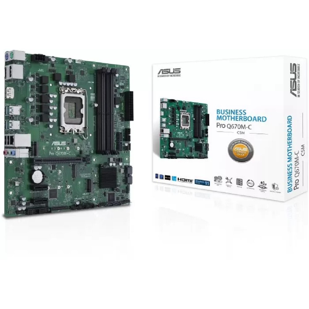 ASUS PRO Q670M-C-CSM (Socket 1700, mATX, 4xDDR5(128GB), 2xDP/HDMI, 1xPCIe 4.0x16,/1xPCIe 3.0, 1xLAN, 6xSATA 6Gb/s, 2xM.2, 1xM.2 E key, 4xUSB 3.2, 2xUSB 2.0, 2xPS/2)