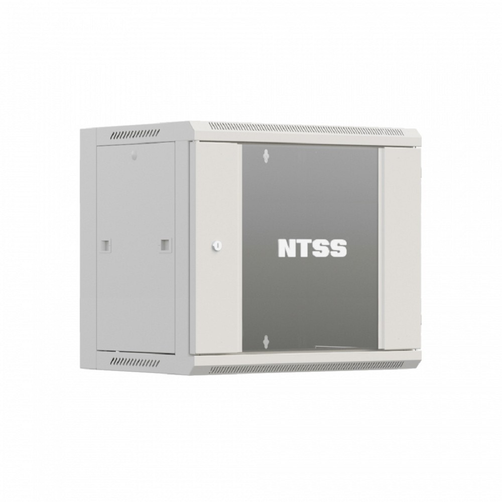 NTSS Шкаф настенный телекоммуникационный NTSS W 12U 600х450х635мм, 2 профиля 19, дверь стеклянная, боковые стенки съемные, задняя стенка, разобранный, серый RAL 7035 NTSS-W12U6045GS