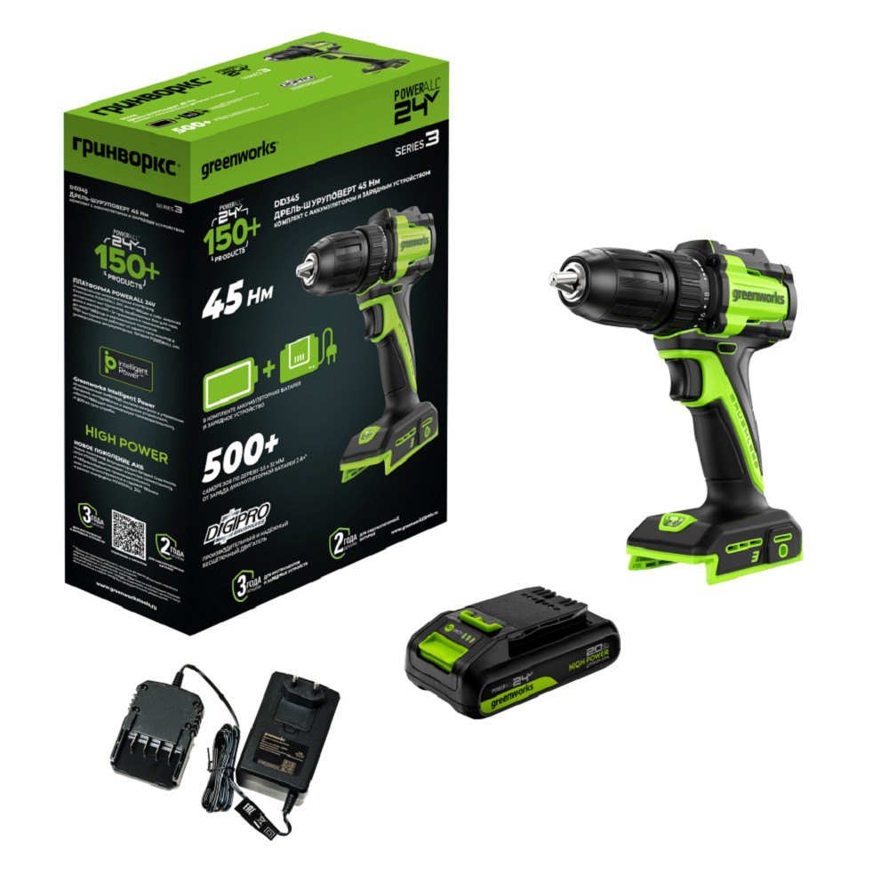 Greenworks DD345, 24V, Дрель-шуруповерт аккумуляторная, бесщеточная, 27/45 Нм,13мм,1х2Ач,ЗУ,кор  [3708307CUA]