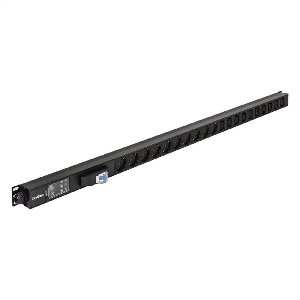 Exegate EX300289RUS Вертикальный блок розеток с автоматом защиты ExeGate ServerPro PDU-V213 Al-10C1310S-T-1P (19", 1U, Алюминий, 10 IEC 320 C13, 10 Schuko, клеммная колодка, 16A, автомат защиты, черны