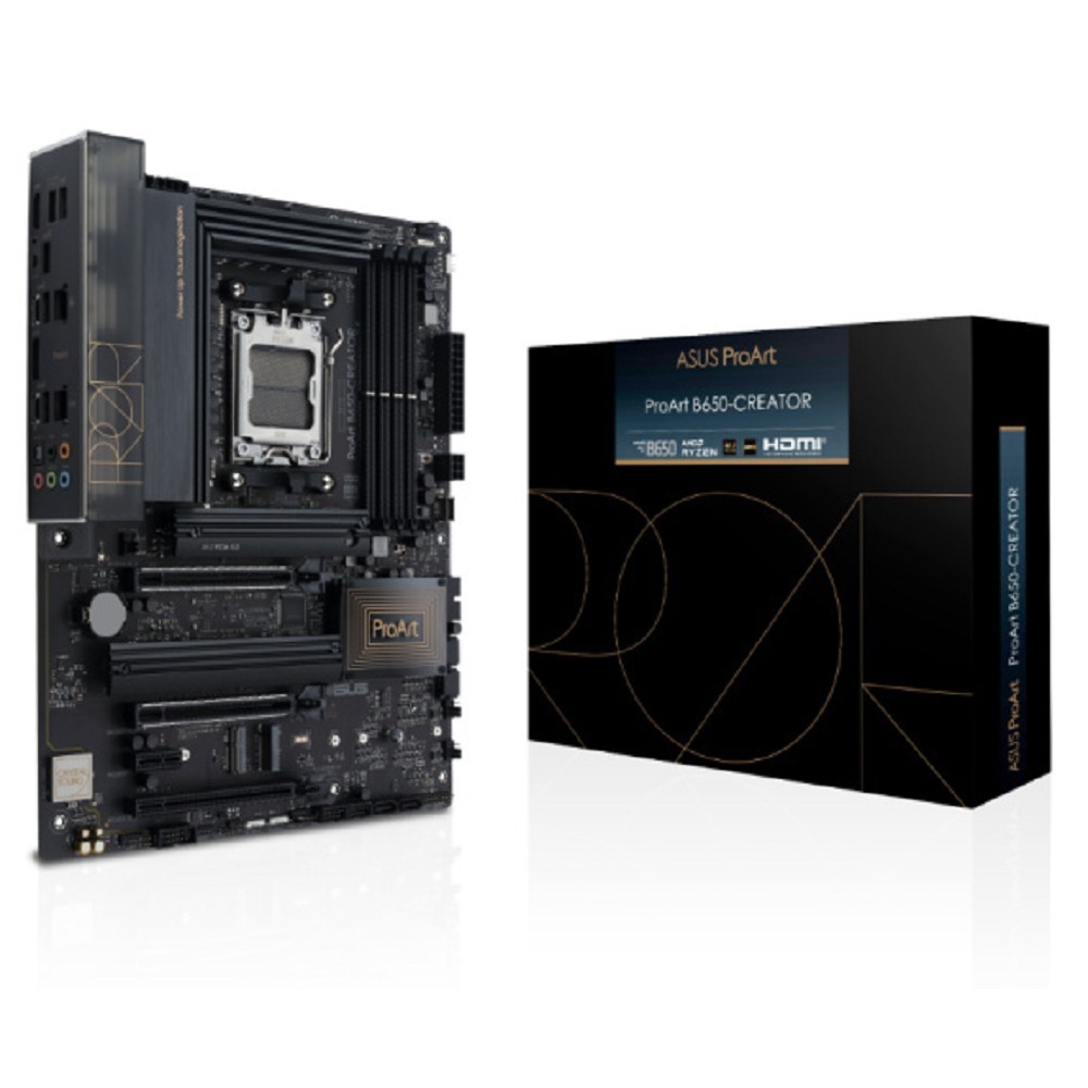 ASUS PROART B650-CREATOR (Socket AM5, ATX, 4xDDR5(128GB), HDMI, 3xPCIe 4.0x16/1xPCIe 4.0, 1xLAN+1xLAN (2.5GbE), 4xSATA 6Gb/s, 3xM.2, 1xM.2 E key, 2xType-C, 3xUSB 3.2, 2xUSB 2.0, ATX)
